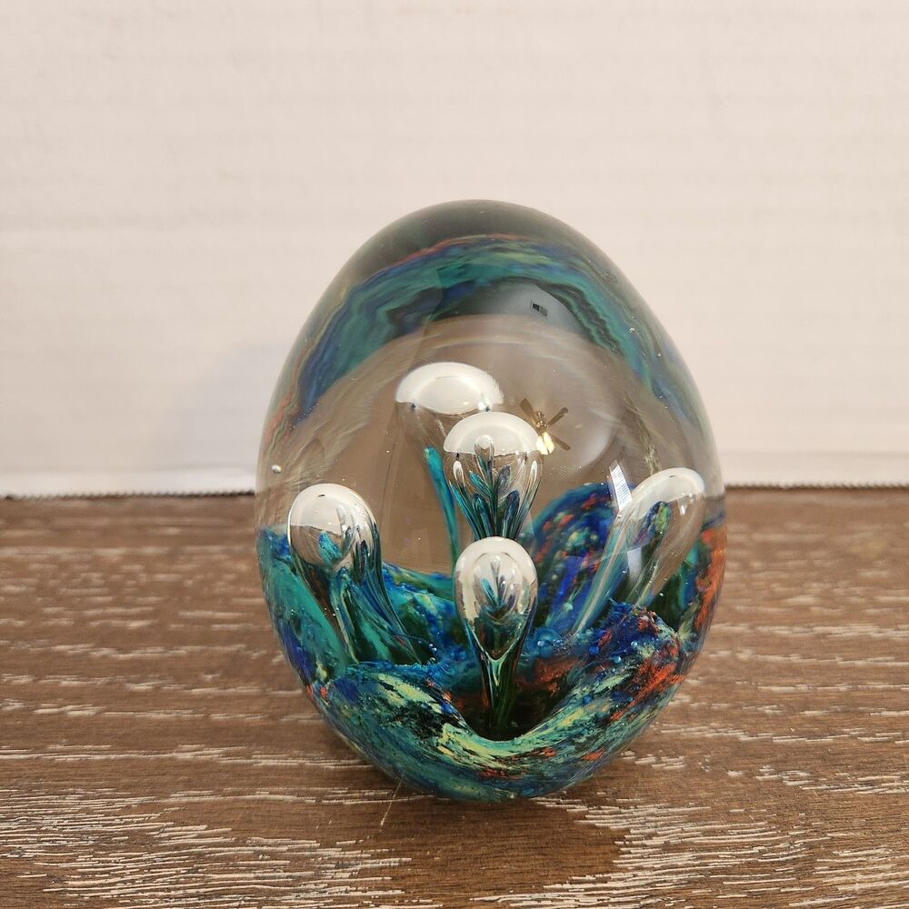 Vintage Art Glass Egg Shaped Paperweight Suspended Bubbles Colorful Base